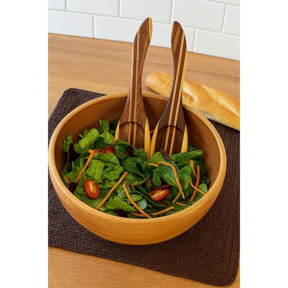 Vintage Striped Wooden Salad Servers 12" Handcrafted Contemporary Kitchen Decor